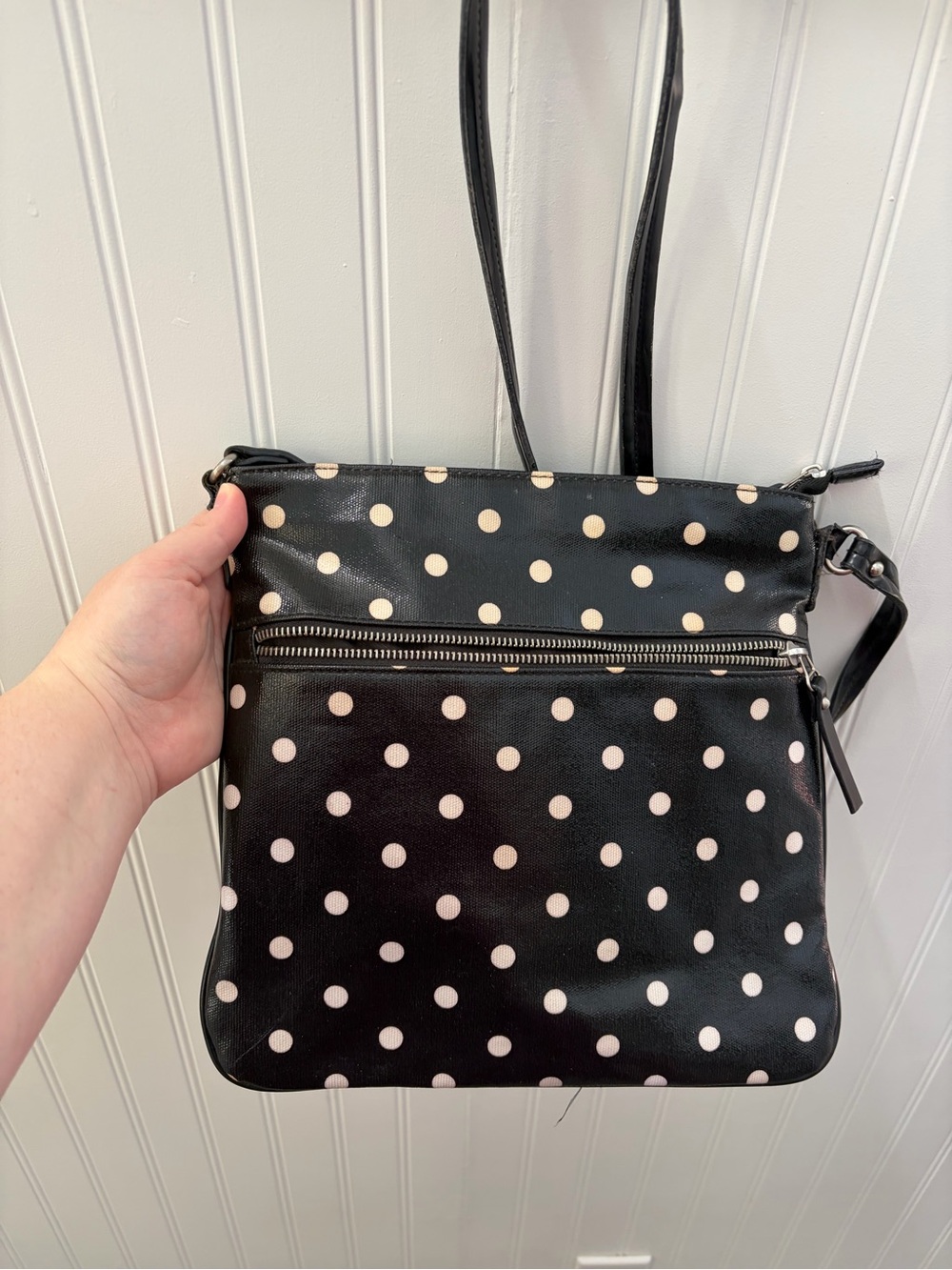 Black Polka Dot Crossbody Bag with Front Zip Pocket